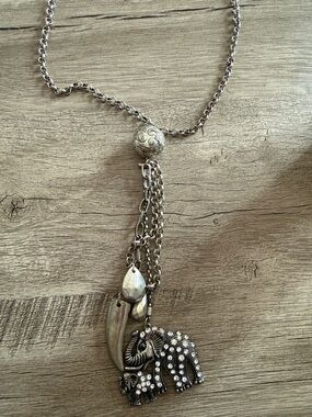 Silver Tone Elephant Pendant Tassel Necklace